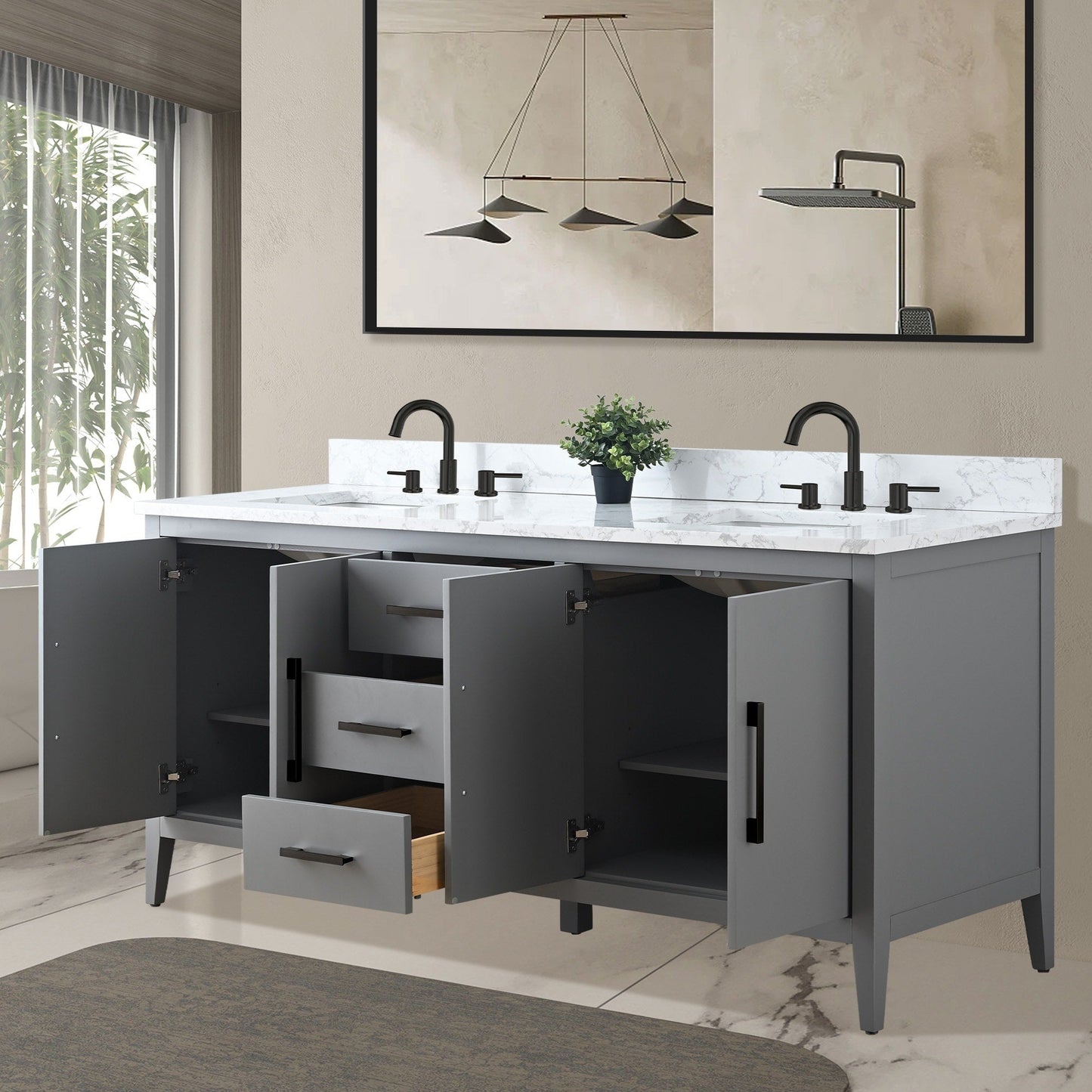 Meuble-lavabo double vasque Vanity Art 72 avec plateau en marbre reconstitué