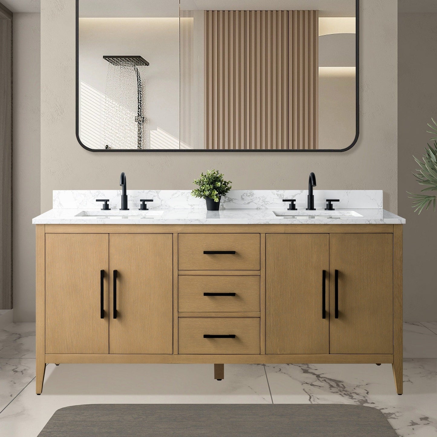 Meuble-lavabo double vasque Vanity Art 72 avec plateau en marbre reconstitué