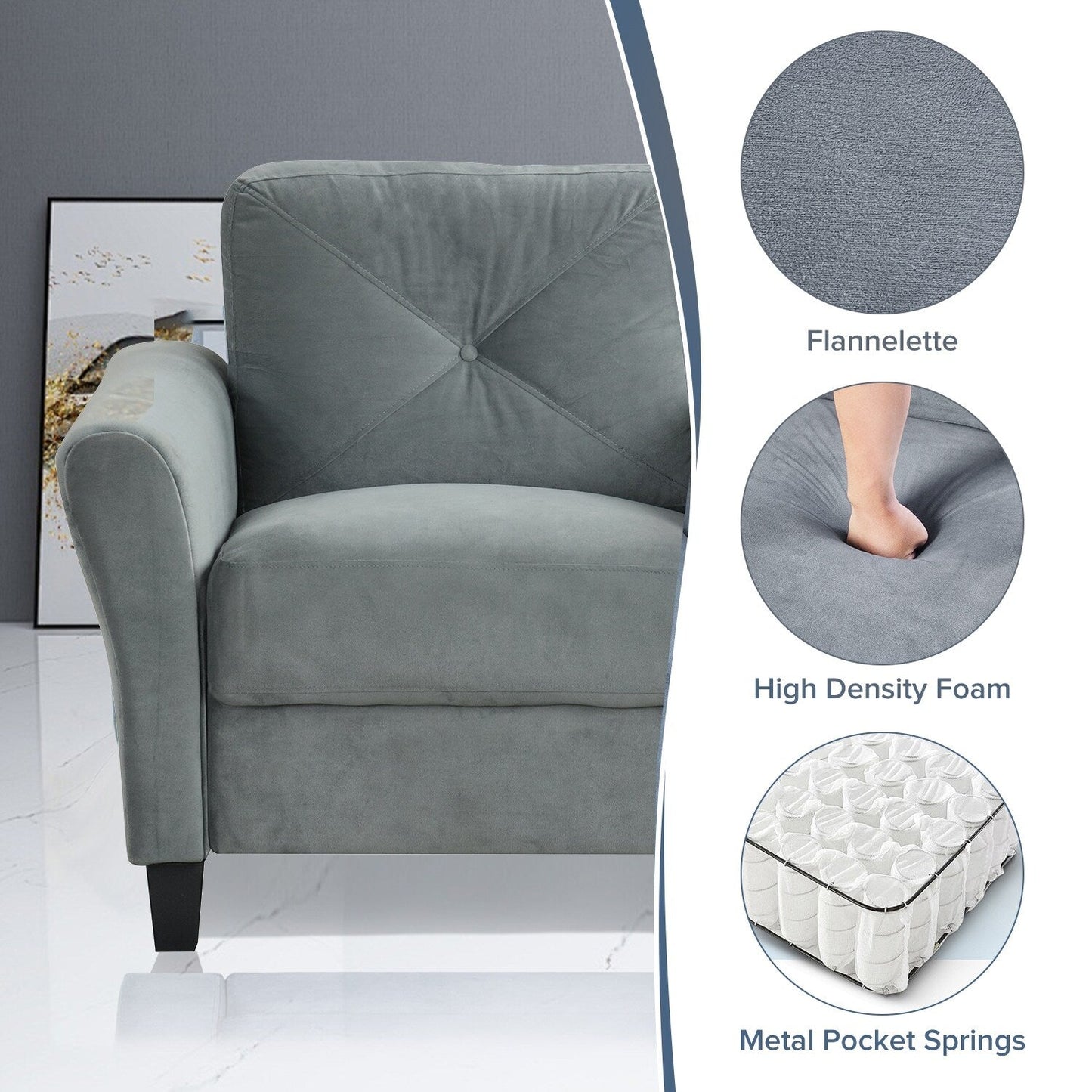 Velvet 3-Seater Sectional Sofa with Memory Foam Cushions