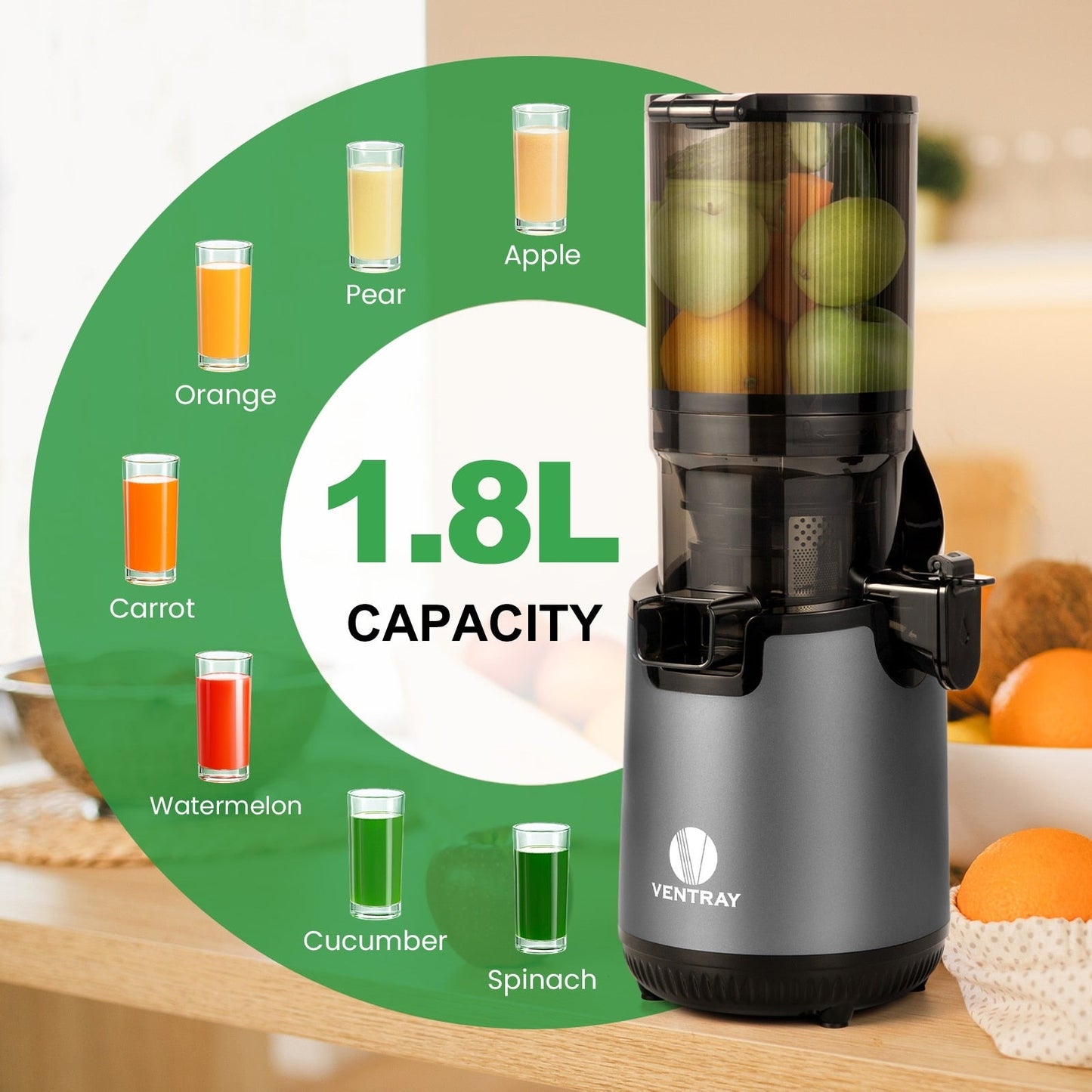 Extracteur de jus à mastication lente Ventray 900, extracteur de jus à pression à froid avec goulotte d'alimentation extra large de 5,1 pouces