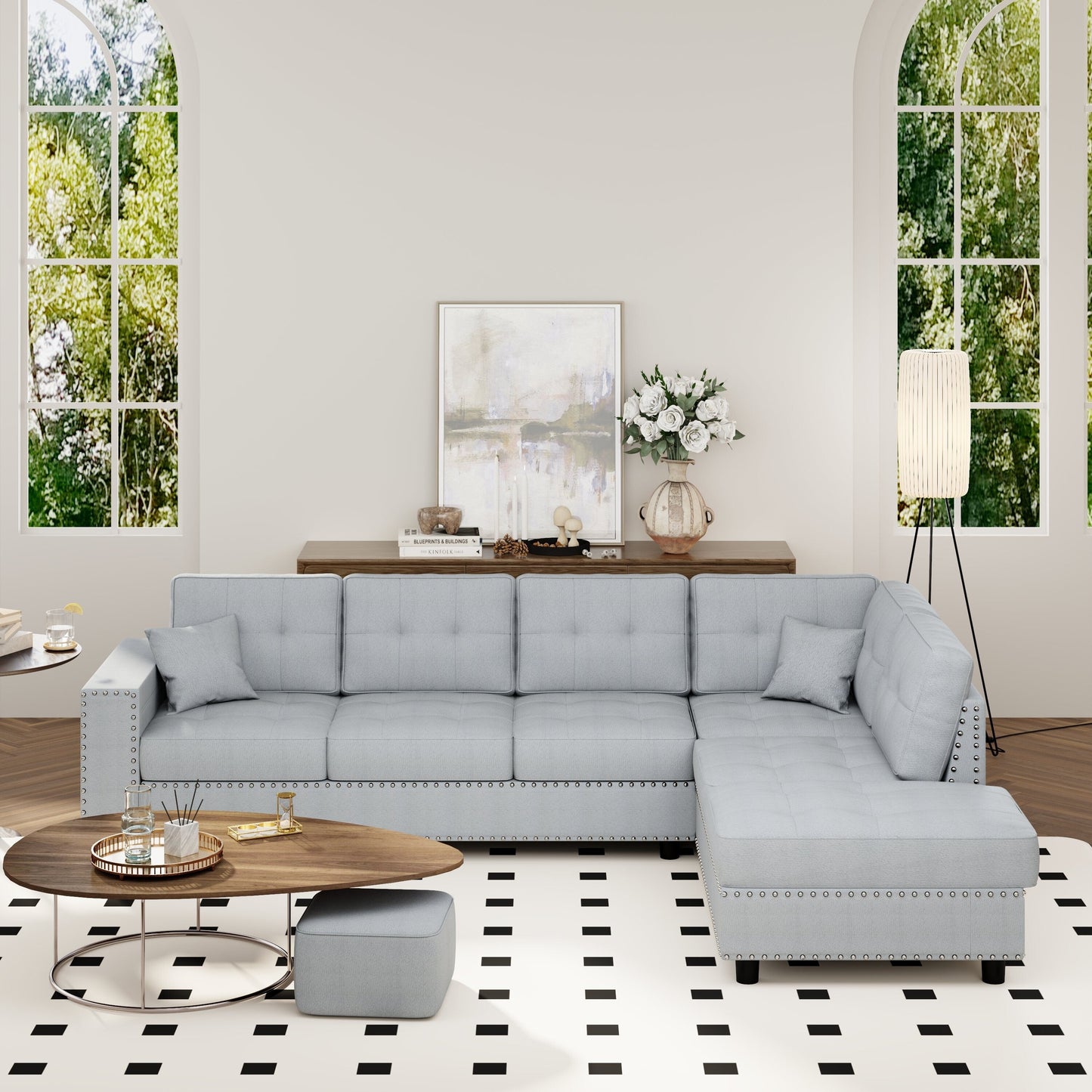 Vintage L-Shaped Modular Sectional Sofa with Removable Cushions and 2 Pillows for Living Room Office
