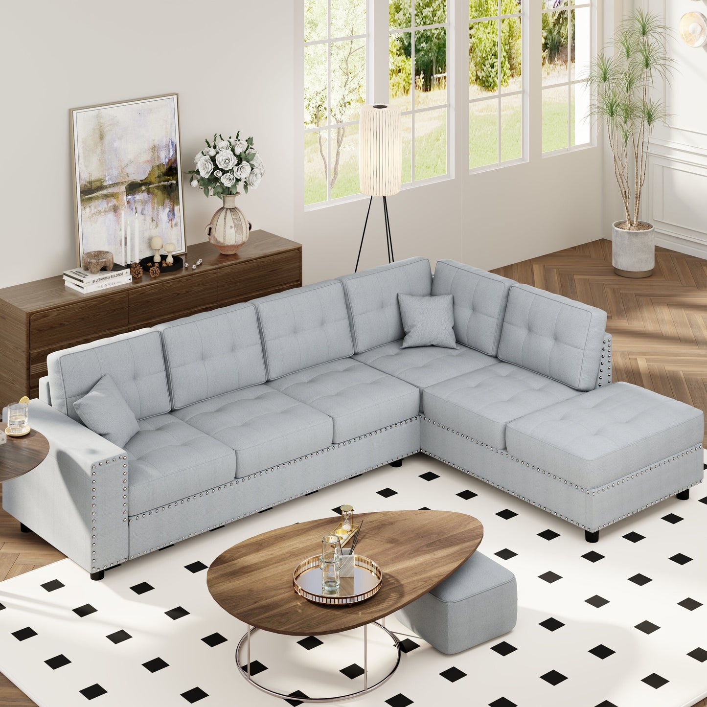 Vintage L-Shaped Modular Sectional Sofa with Removable Cushions and 2 Pillows for Living Room Office