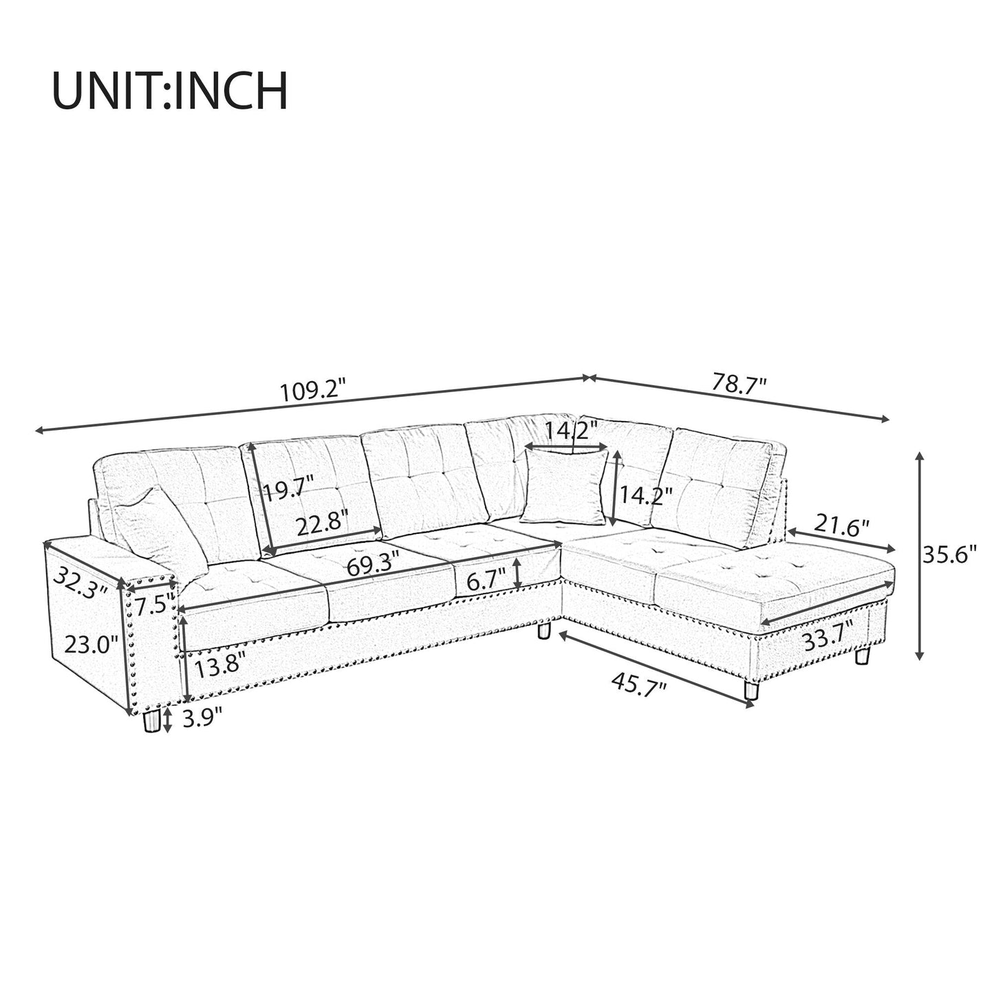 Vintage L-Shaped Modular Sectional Sofa with Removable Cushions and 2 Pillows for Living Room Office