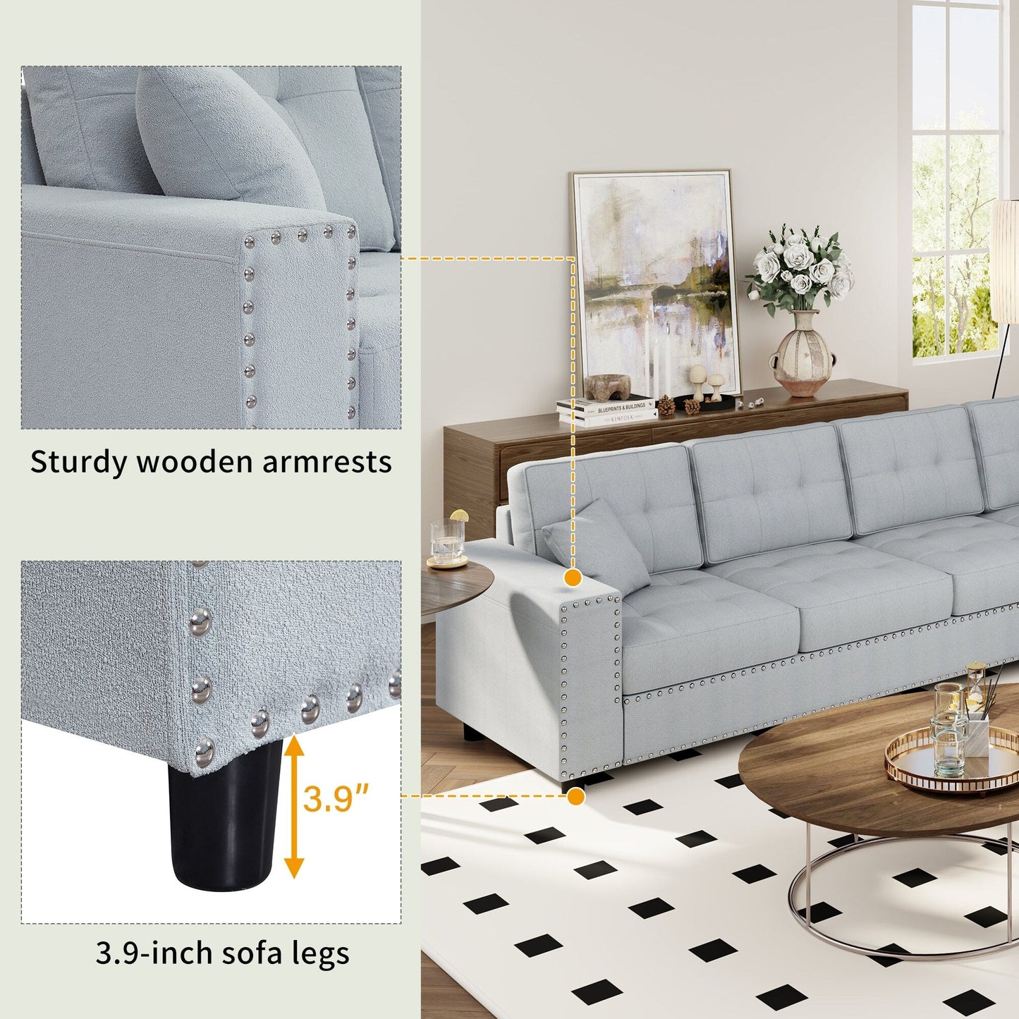 Vintage L-Shaped Modular Sectional Sofa with Removable Cushions and 2 Pillows for Living Room Office