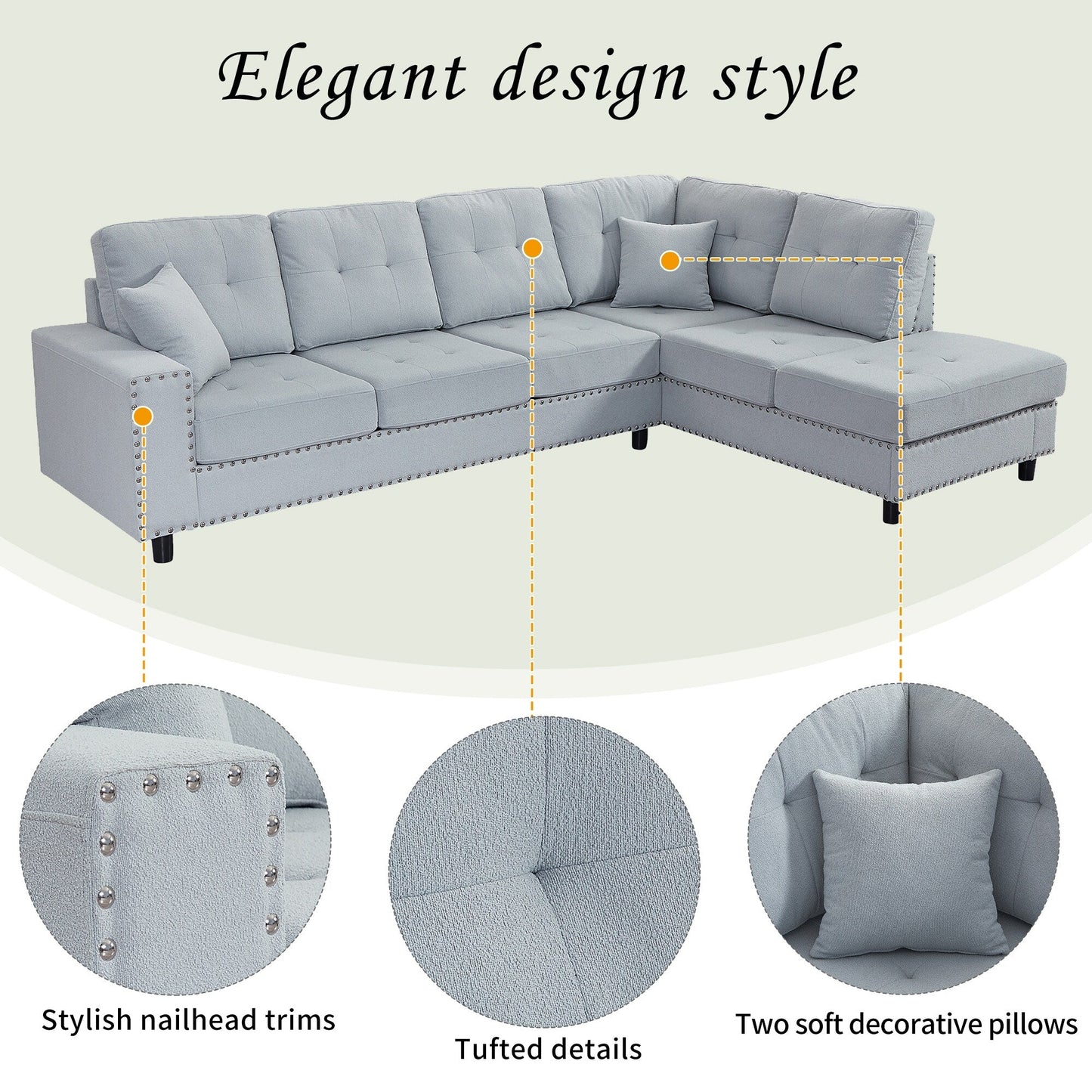 Vintage L-Shaped Modular Sectional Sofa with Removable Cushions and 2 Pillows for Living Room Office