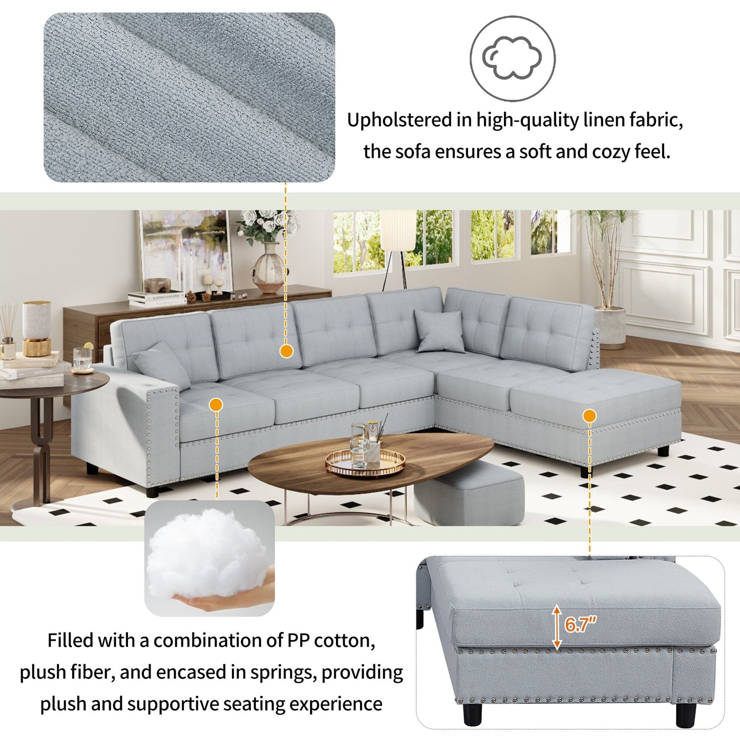 Vintage L-Shaped Modular Sectional Sofa with Removable Cushions and 2 Pillows for Living Room Office