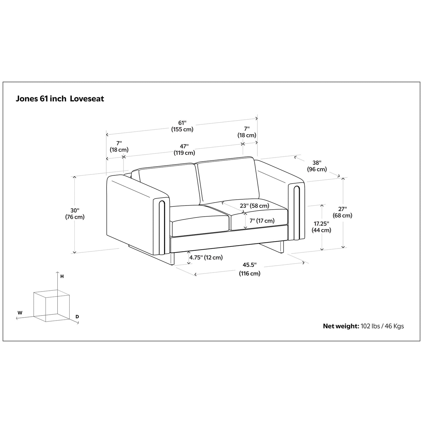 WYNDENHALL Drayton 61 inch Wide Contemporary Loveseat Sofa in Tightly Woven Performance Fabric - 61 W x 38 D x 30 H