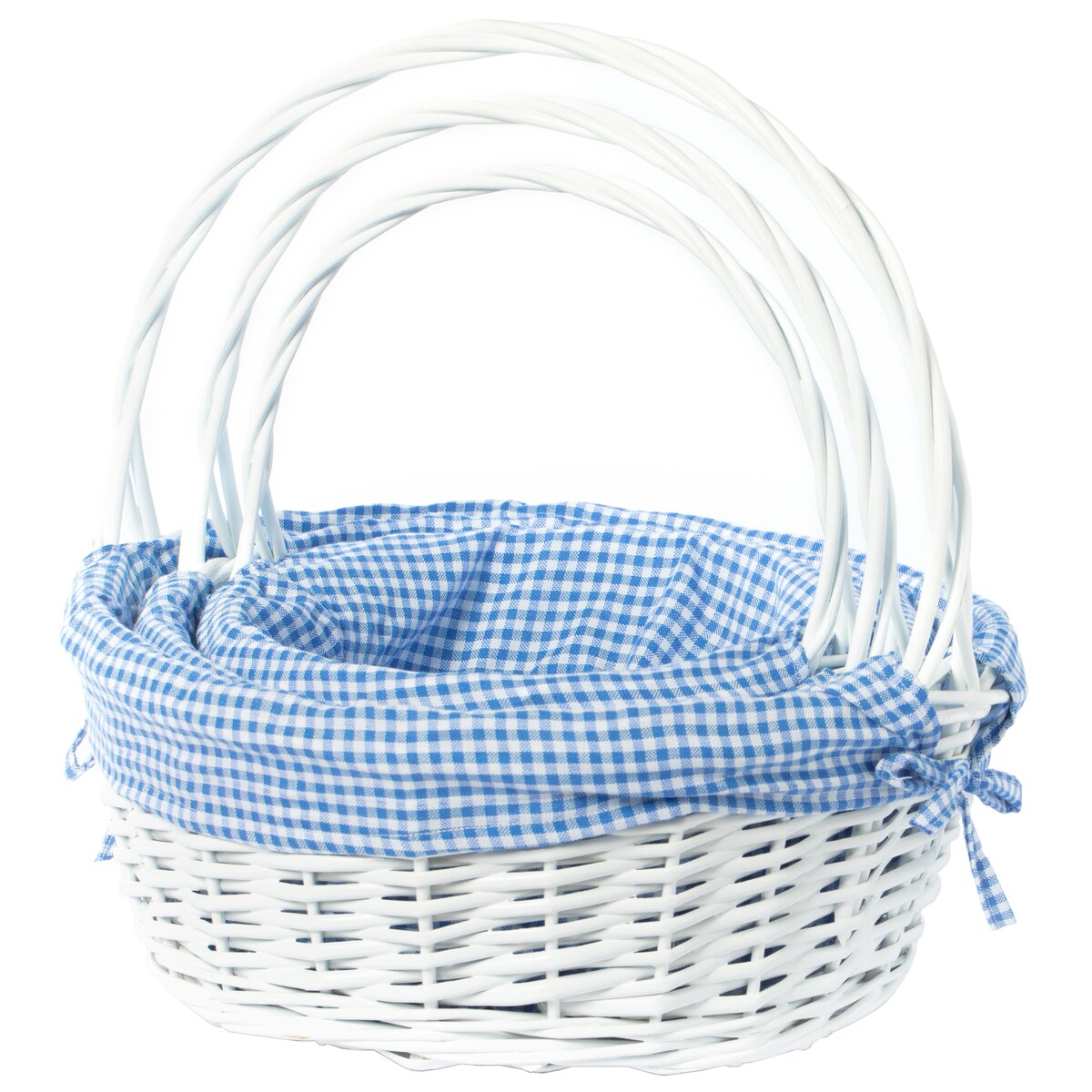 Panier-cadeau rond en osier blanc, avec doublure vichy et poignée