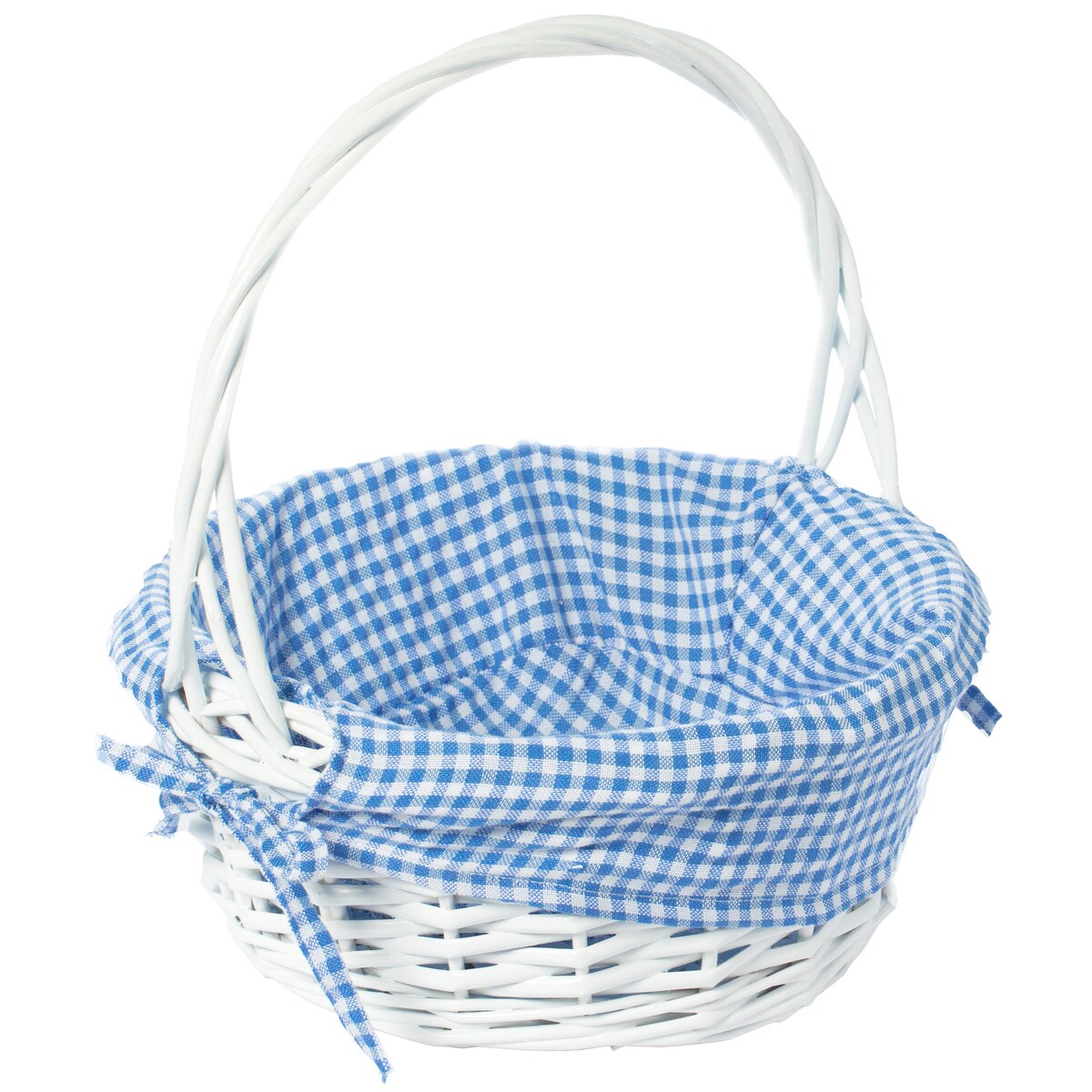 Panier-cadeau rond en osier blanc, avec doublure vichy et poignée