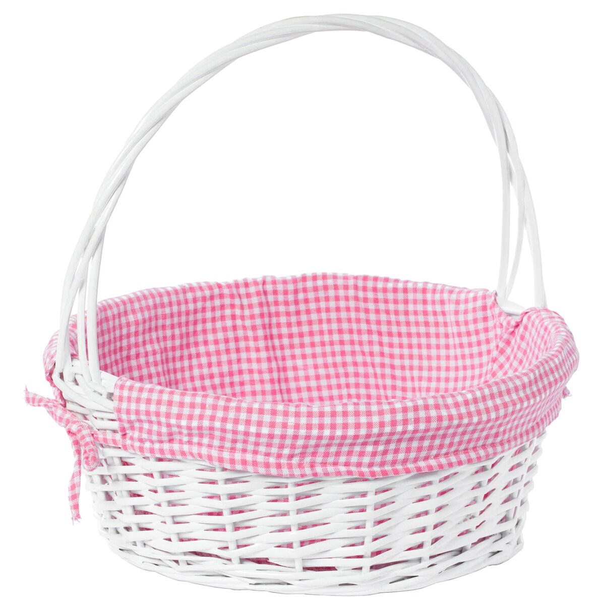 Panier-cadeau rond en osier blanc, avec doublure vichy et poignée