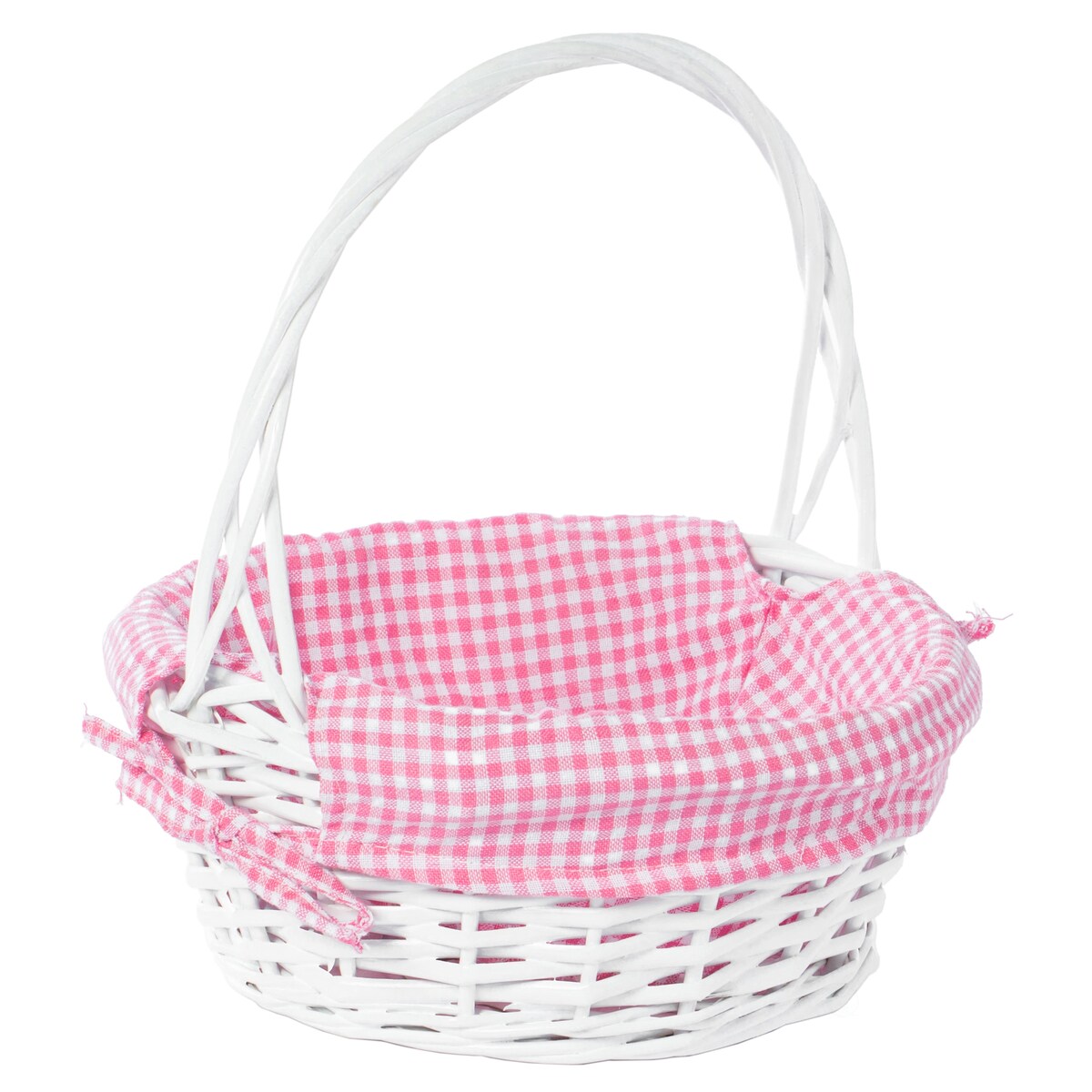 Panier-cadeau rond en osier blanc, avec doublure vichy et poignée