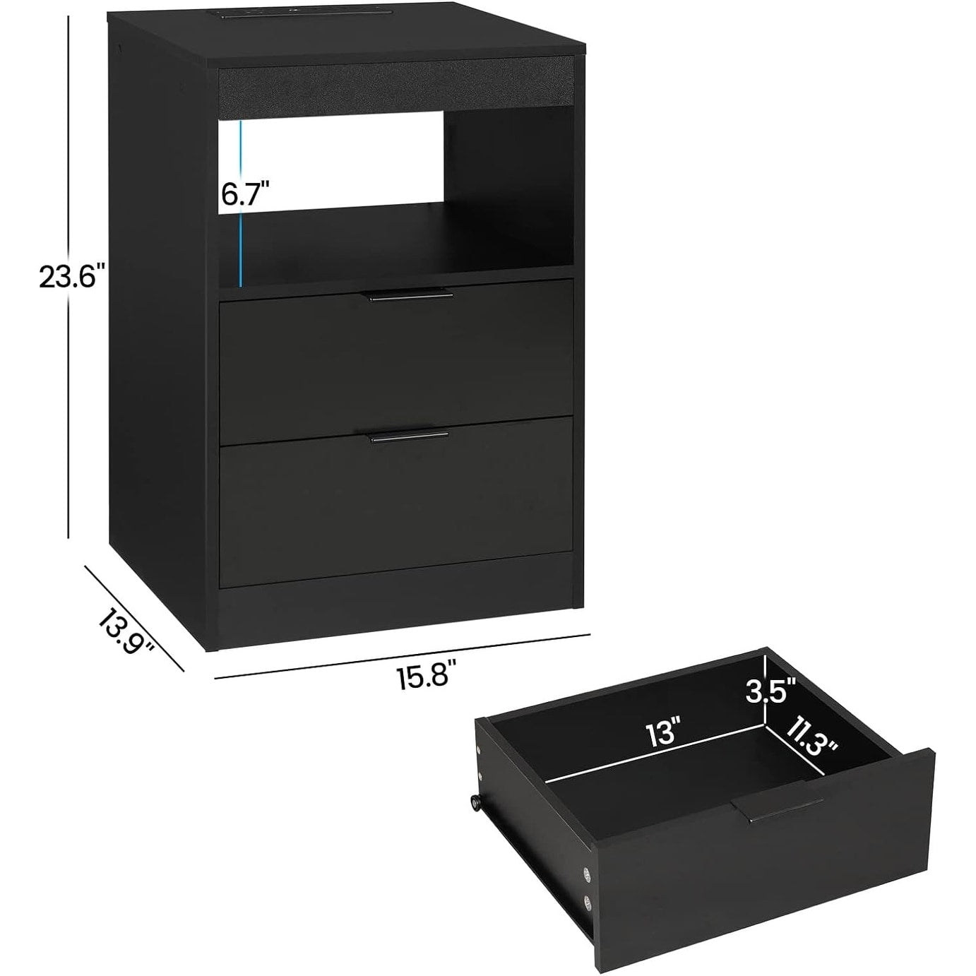 Table de chevet à 2 tiroirs avec LED, station de charge sans fil et étagère coulissante