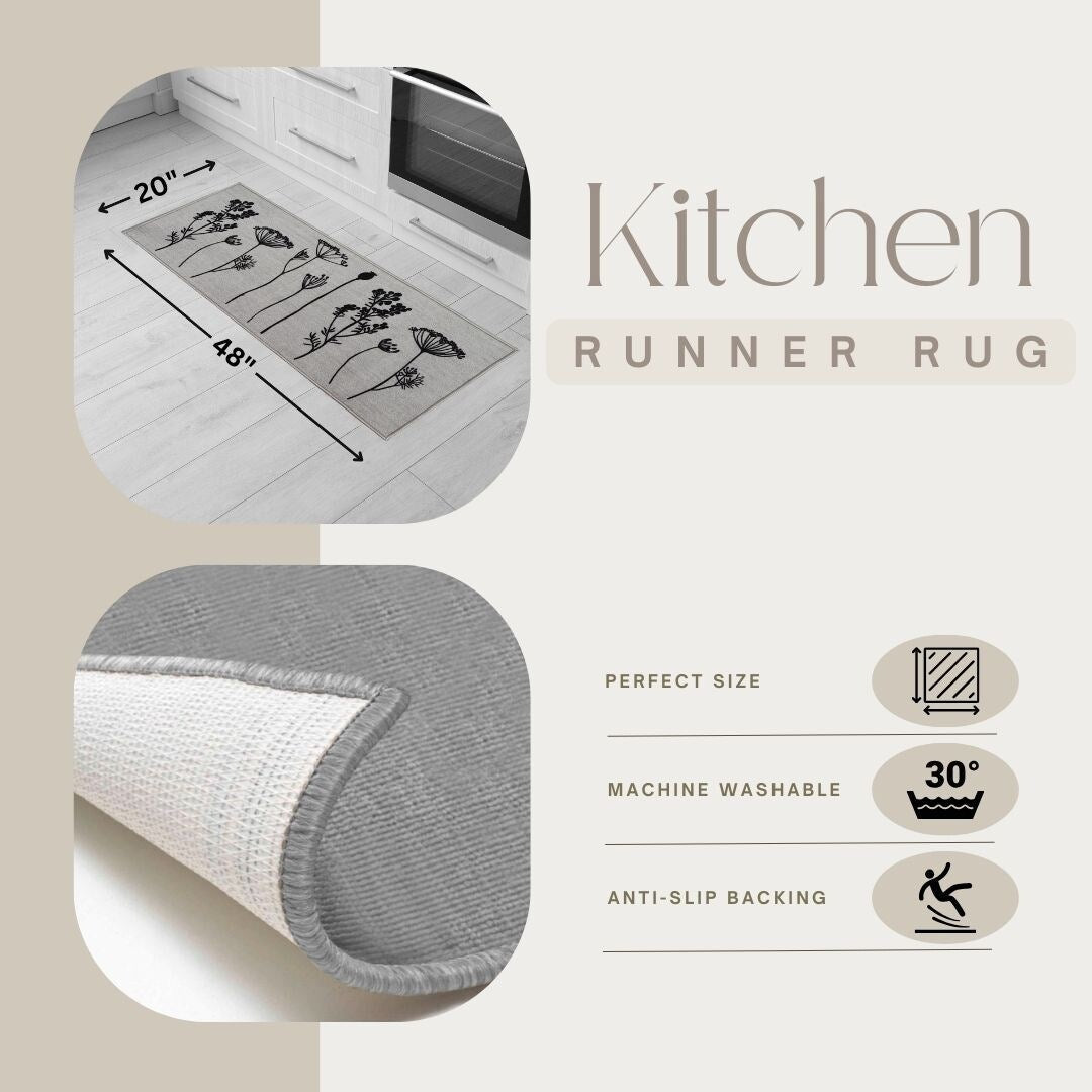 Tapis de cuisine ou tapis de couloir effet laine à motifs de fleurs sauvages