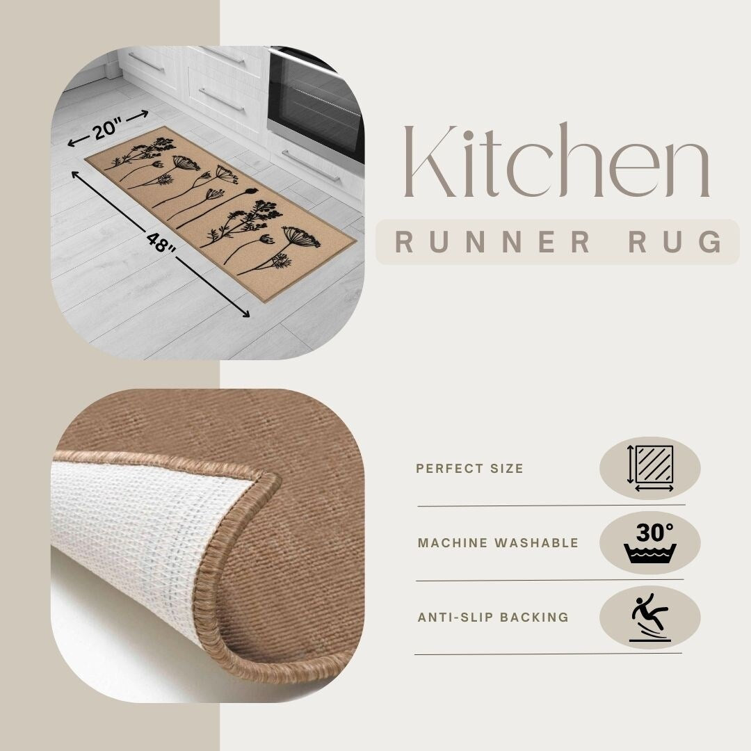 Tapis de cuisine ou tapis de couloir effet laine à motifs de fleurs sauvages