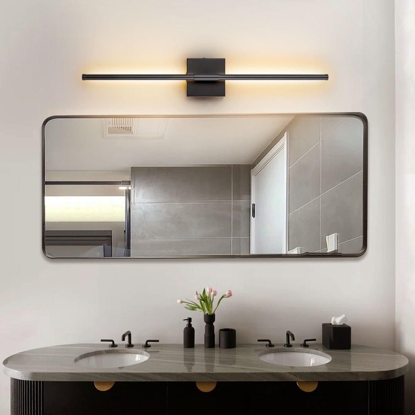 Applique murale linéaire moderne à 1 ampoule, noire/dorée/nickel, à LED, à intensité variable, pour salle de bain