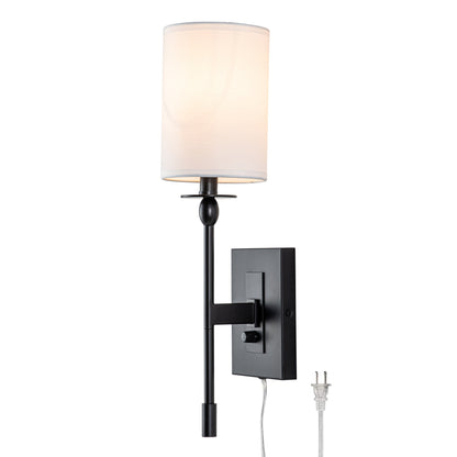 Applique murale d'intérieur à 1 ampoule, noire mate, câblée/enfichable, à intensité variable, avec abat-jour en tissu