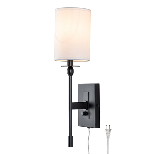 Applique murale d'intérieur à 1 ampoule, noire mate, câblée/enfichable, à intensité variable, avec abat-jour en tissu