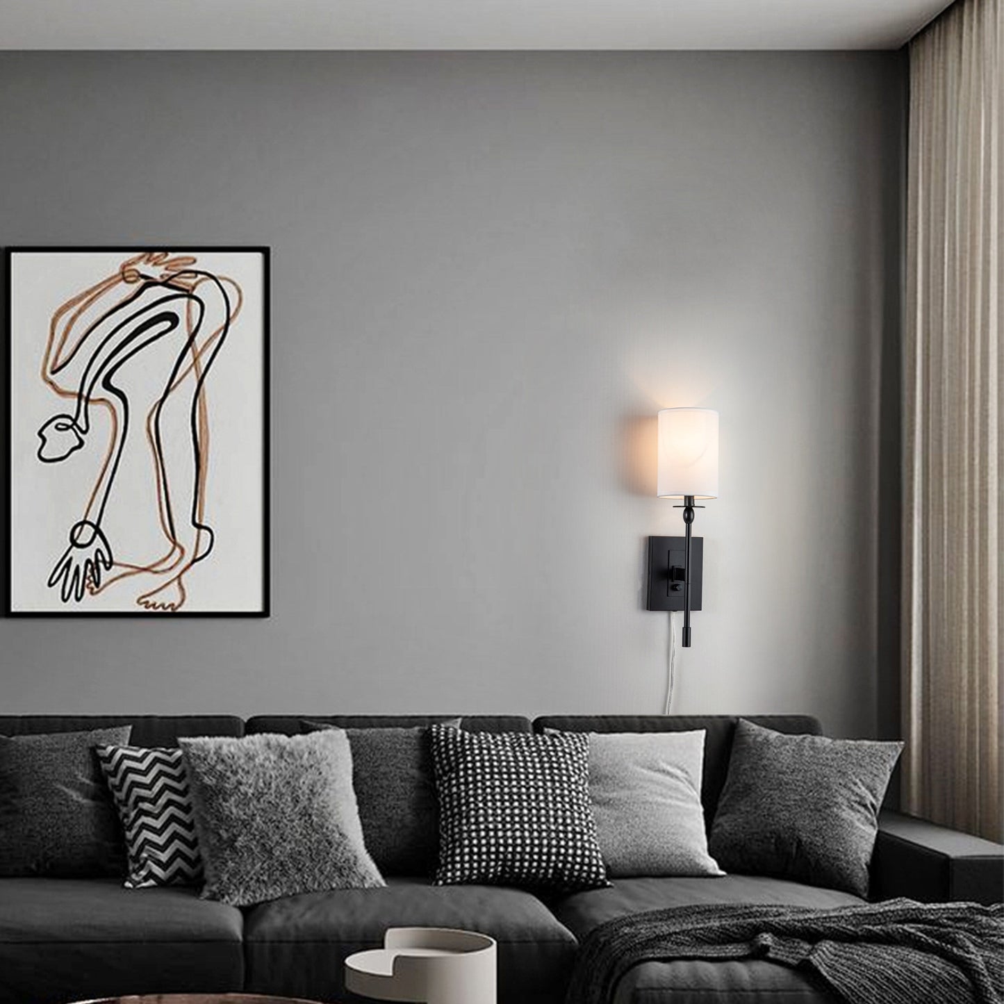 Applique murale d'intérieur à 1 ampoule, noire mate, câblée/enfichable, à intensité variable, avec abat-jour en tissu