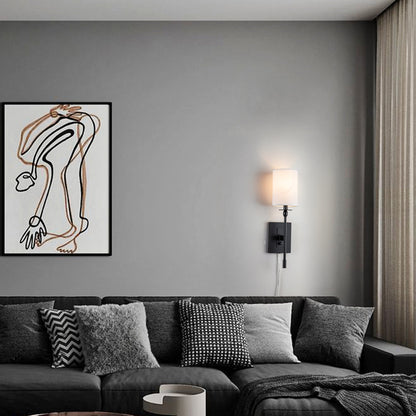 Applique murale d'intérieur à 1 ampoule, noire mate, câblée/enfichable, à intensité variable, avec abat-jour en tissu