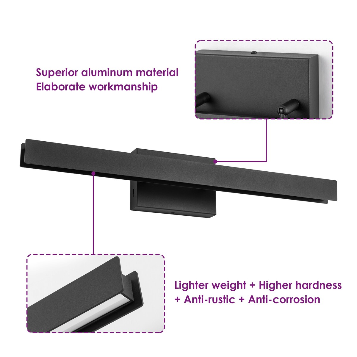 Applique murale LED intégrée, linéaire et moderne, noire, à 1 ampoule, à intensité variable et rotative, pour salle de bain
