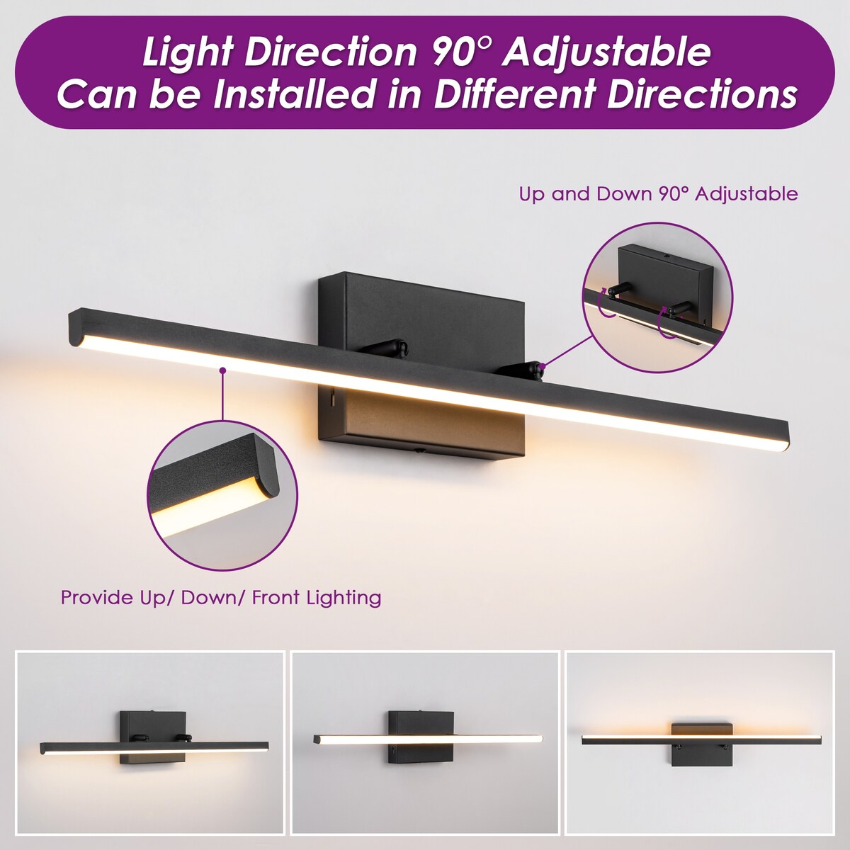 Applique murale LED intégrée, linéaire et moderne, noire, à 1 ampoule, à intensité variable et rotative, pour salle de bain