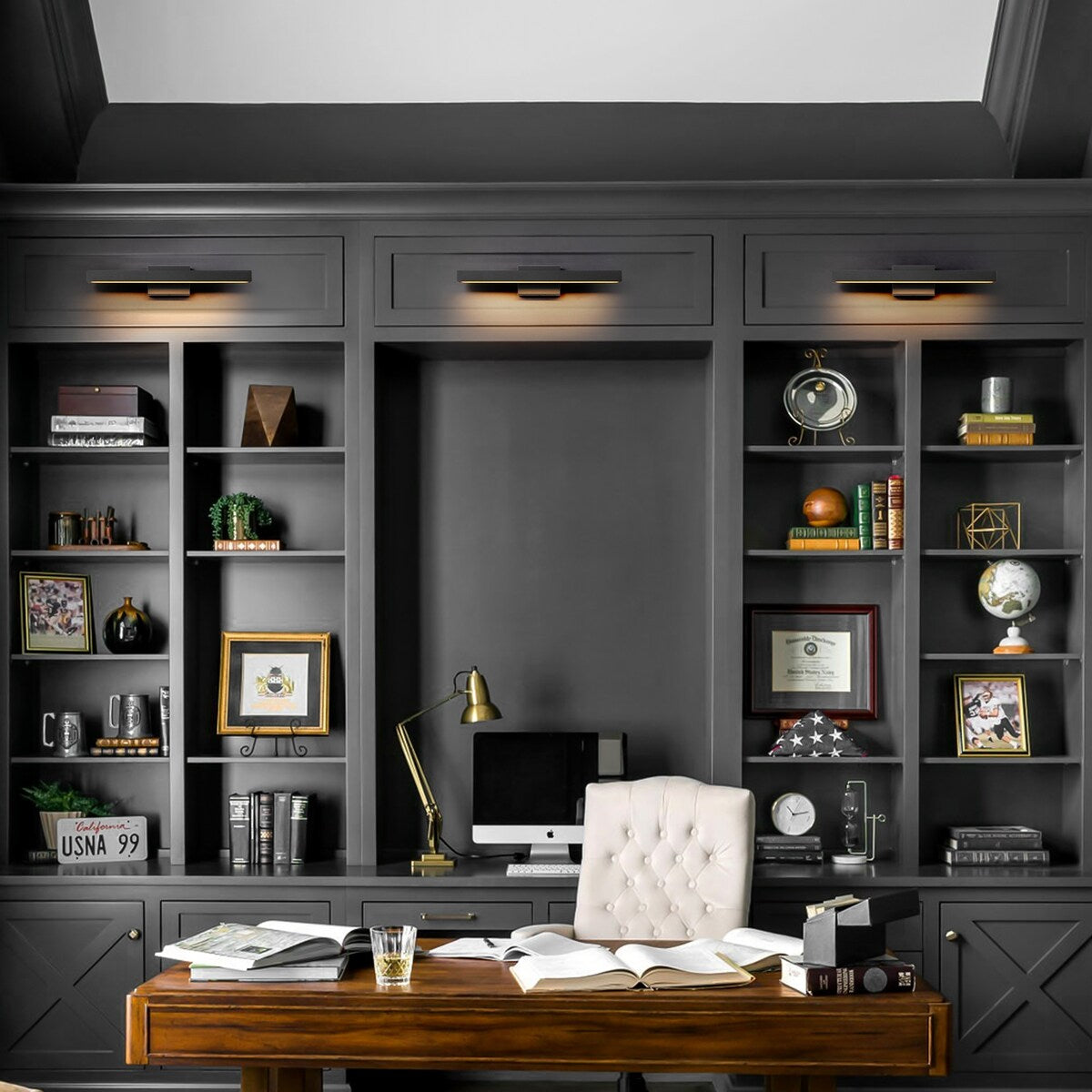 Applique murale LED intégrée, linéaire et moderne, noire, à 1 ampoule, à intensité variable et rotative, pour salle de bain