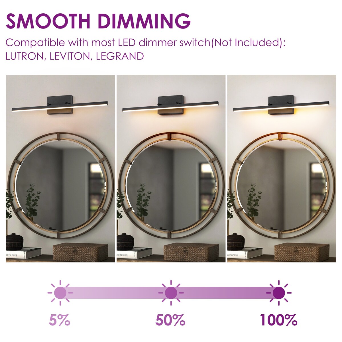 Applique murale LED intégrée, linéaire et moderne, noire, à 1 ampoule, à intensité variable et rotative, pour salle de bain