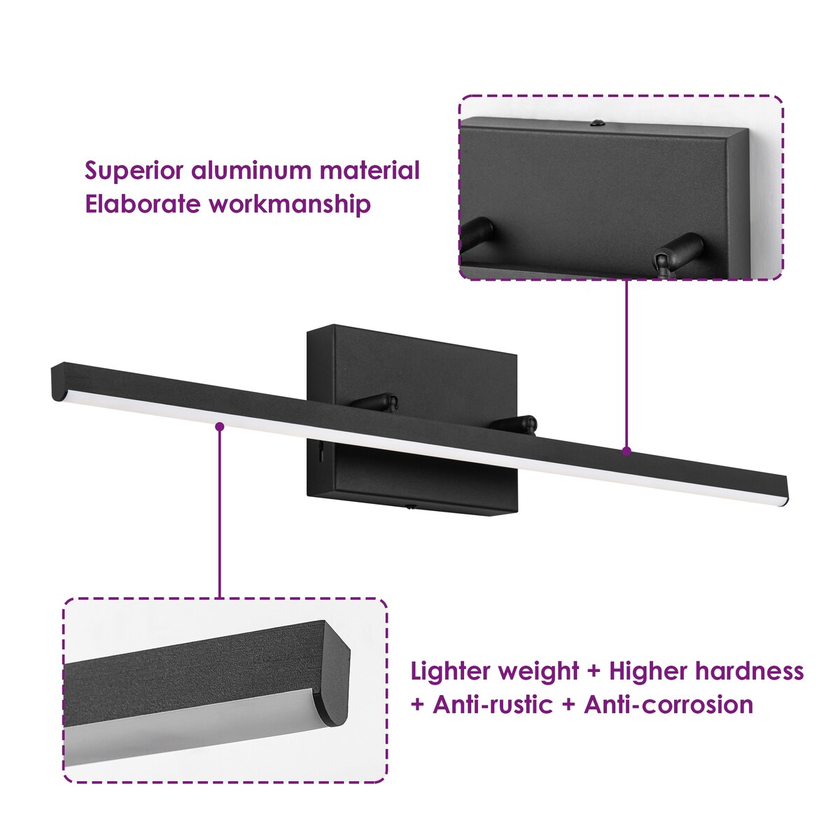 Applique murale LED intégrée, linéaire et moderne, noire, à 1 ampoule, à intensité variable et rotative, pour salle de bain