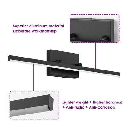 Applique murale LED intégrée, linéaire et moderne, noire, à 1 ampoule, à intensité variable et rotative, pour salle de bain