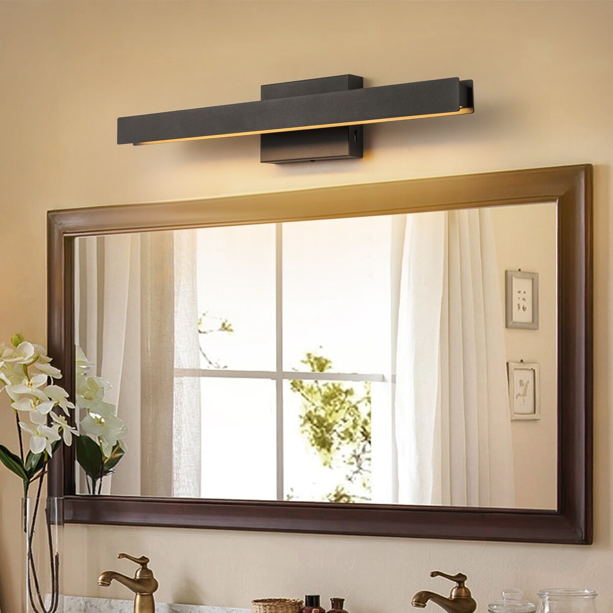 Applique murale LED intégrée, linéaire et moderne, noire, à 1 ampoule, à intensité variable et rotative, pour salle de bain