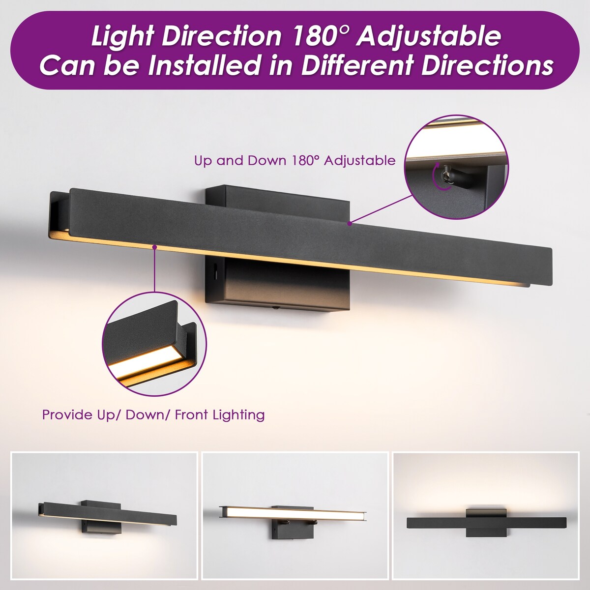 Applique murale LED intégrée, linéaire et moderne, noire, à 1 ampoule, à intensité variable et rotative, pour salle de bain