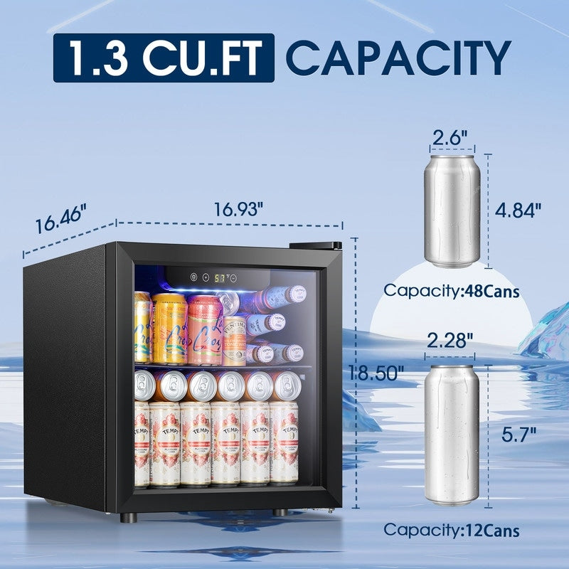 Réfrigérateur à boissons de 1,3 pi³ - Mini-réfrigérateur pour 48 canettes et 12 bouteilles, porte en verre, commande tactile électronique