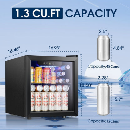 Réfrigérateur à boissons de 1,3 pi³ - Mini-réfrigérateur pour 48 canettes et 12 bouteilles, porte en verre, commande tactile électronique
