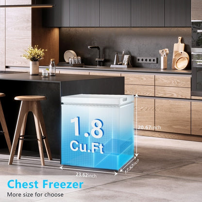 Congélateur coffre de 1,8 pi³ avec panier amovible, vidange par le bas, thermostat à 7 niveaux, conception autonome pour maison et appartement