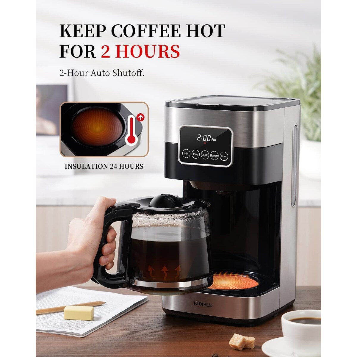 Cafetière programmable 10 tasses 2.0, cafetière filtre avec écran tactile, carafe en verre, plaque chauffante, infusions normales et fortes