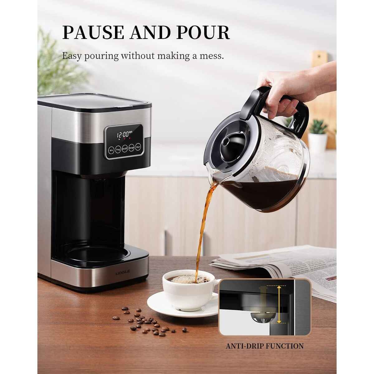 Cafetière programmable 10 tasses 2.0, cafetière filtre avec écran tactile, carafe en verre, plaque chauffante, infusions normales et fortes