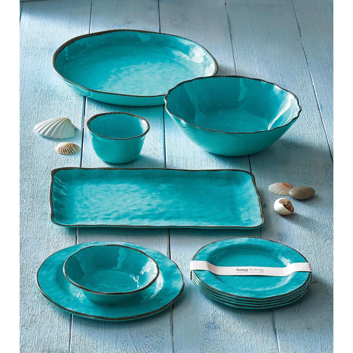Bols de service en mélamine Veranda, 283 g, 18 cm, émaillé craquelé, bleu océan, à bords ondulés, 4 pièces, lavables au lave-vaisselle, pour l'intérieur et l'extérieur