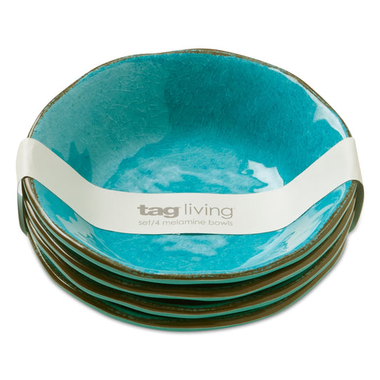 Bols de service en mélamine Veranda, 283 g, 18 cm, émaillé craquelé, bleu océan, à bords ondulés, 4 pièces, lavables au lave-vaisselle, pour l'intérieur et l'extérieur