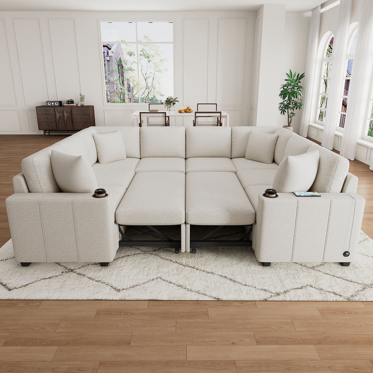 108 Inch Modular U‑Shaped Sectional Sofa with Pull Out Sleeper, USB Ports and Dual Cup Holders for Living Room