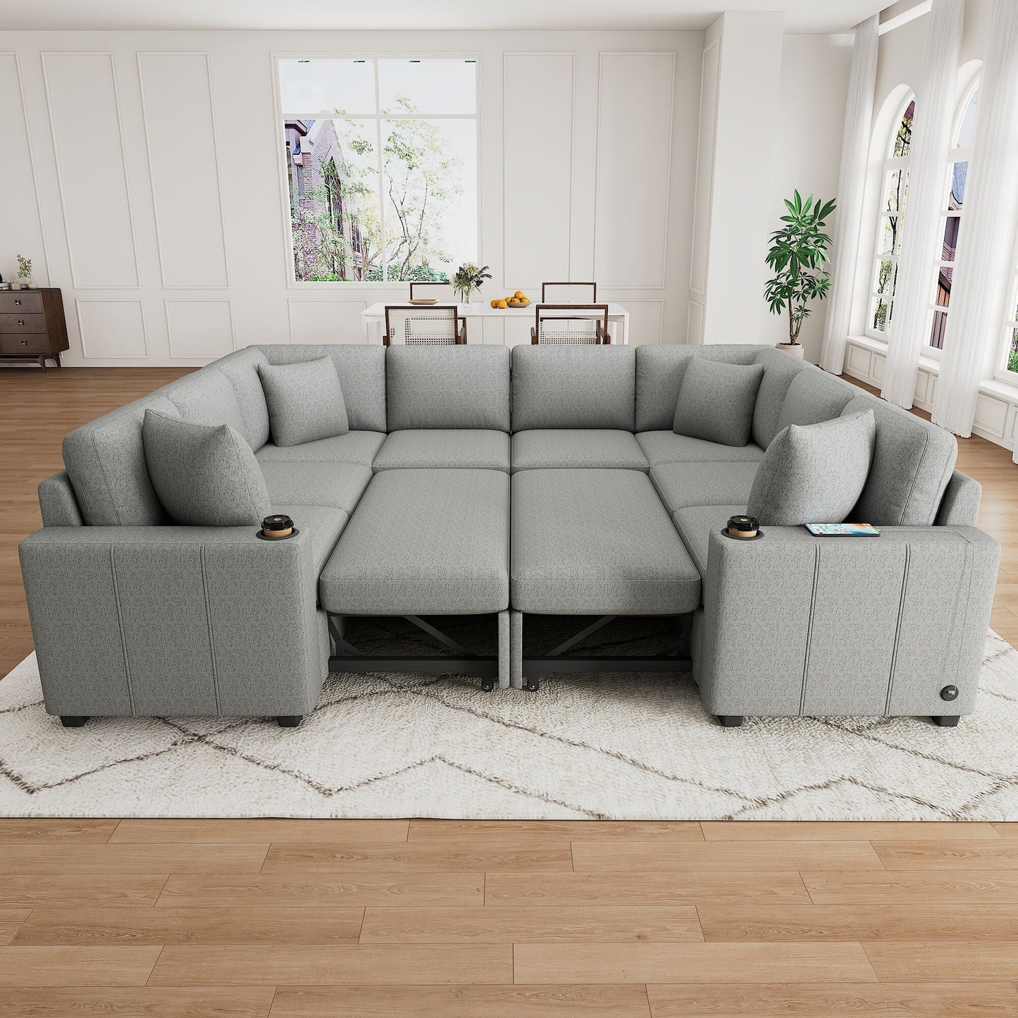 108 Inch Modular U‑Shaped Sectional Sofa with Pull Out Sleeper, USB Ports and Dual Cup Holders for Living Room