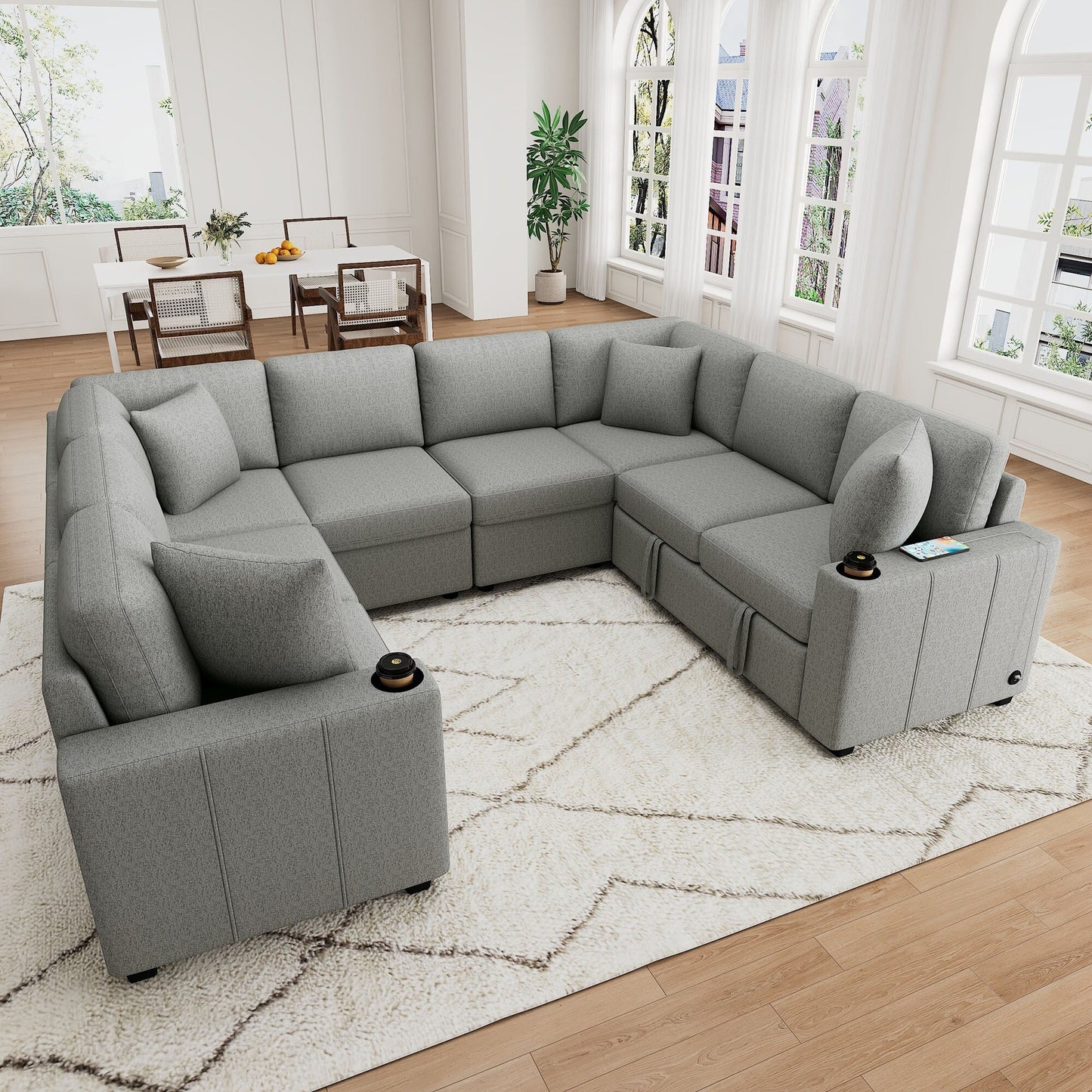 108 Inch Modular U‑Shaped Sectional Sofa with Pull Out Sleeper, USB Ports and Dual Cup Holders for Living Room