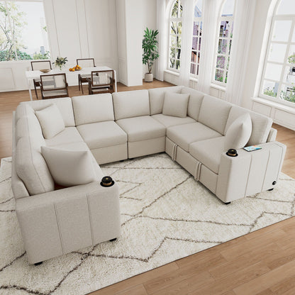 108 Inch Modular U‑Shaped Sectional Sofa with Pull Out Sleeper, USB Ports and Dual Cup Holders for Living Room