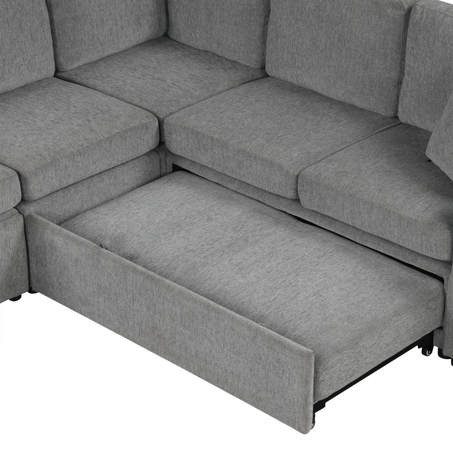 108 Inch Modular U‑Shaped Sectional Sofa with Pull Out Sleeper, USB Ports and Dual Cup Holders for Living Room