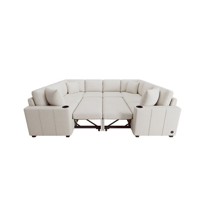 108 Inch Modular U‑Shaped Sectional Sofa with Pull Out Sleeper, USB Ports and Dual Cup Holders for Living Room
