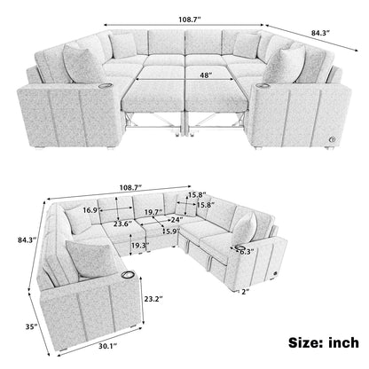 108 Inch Modular U‑Shaped Sectional Sofa with Pull Out Sleeper, USB Ports and Dual Cup Holders for Living Room