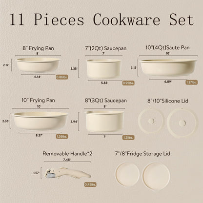 Ensemble de 11 casseroles et poêles antiadhésives avec poignée amovible, ustensiles de cuisine à induction antiadhésifs avec poignée amovible