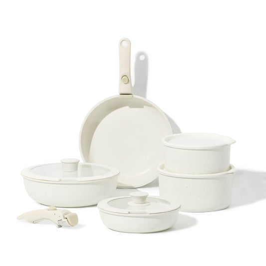 Batterie de cuisine antiadhésive 11 pièces, avec poignée amovible, compatible four, blanc crème