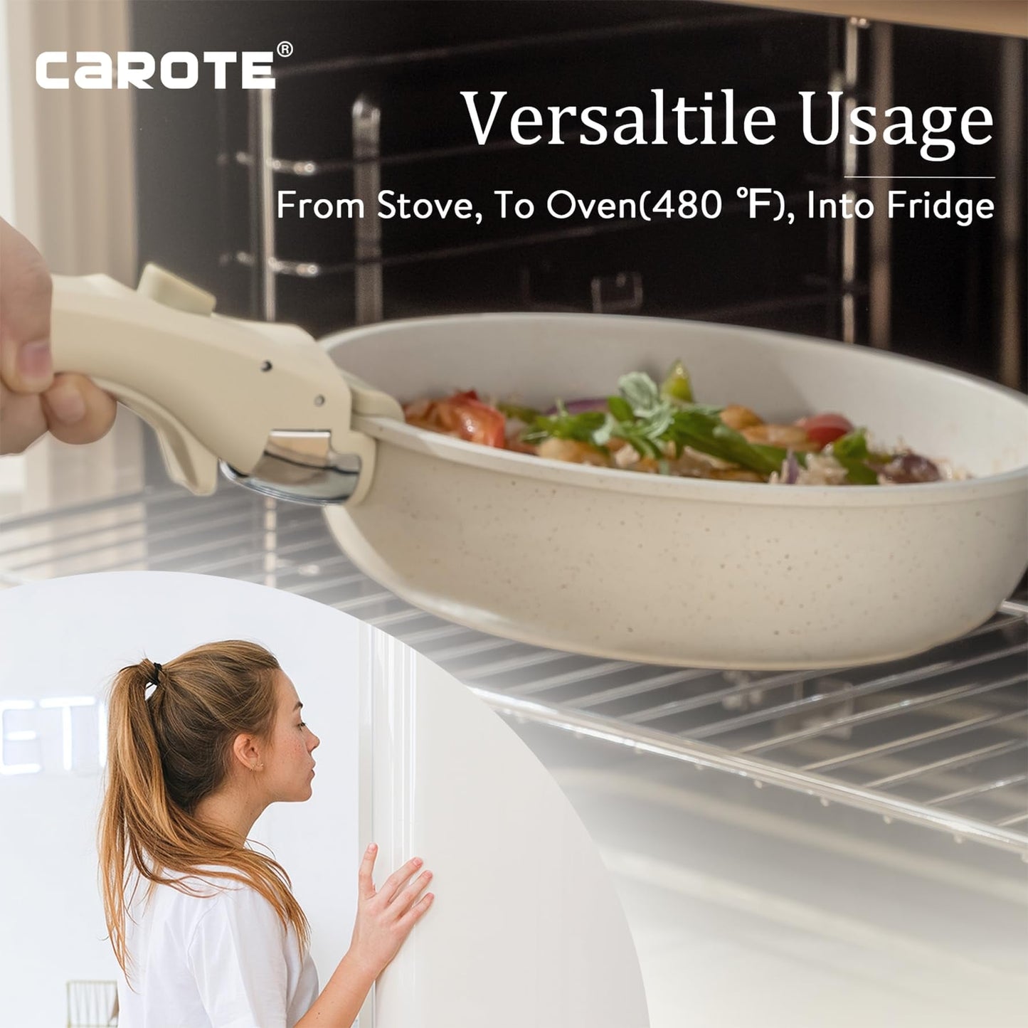 Batterie de cuisine antiadhésive 11 pièces, avec poignée amovible, compatible four, blanc crème