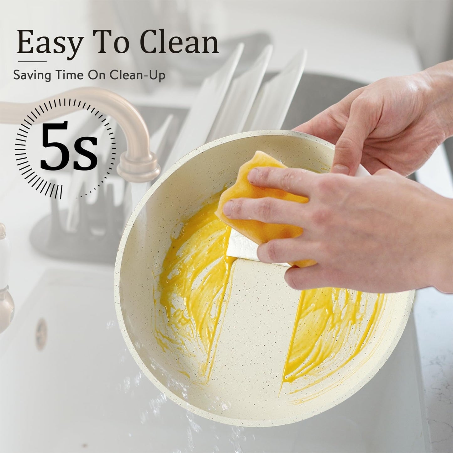 Batterie de cuisine antiadhésive 11 pièces, avec poignée amovible, compatible four, blanc crème