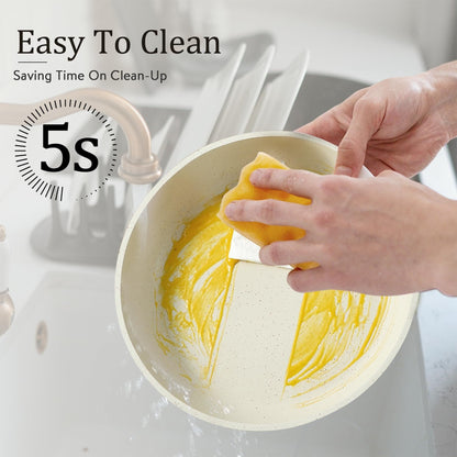 Batterie de cuisine antiadhésive 11 pièces, avec poignée amovible, compatible four, blanc crème